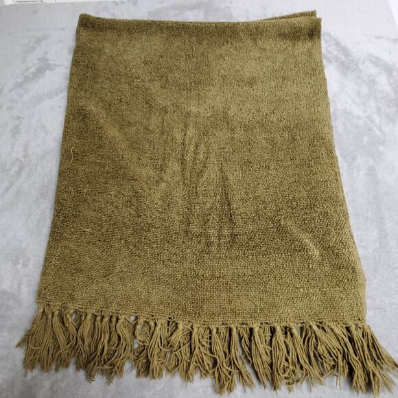 Pottery Barn Nubby Chenille Throw Olive Green Fringe 58x50 Sofa Chair Blanket - Picture 12 of 13